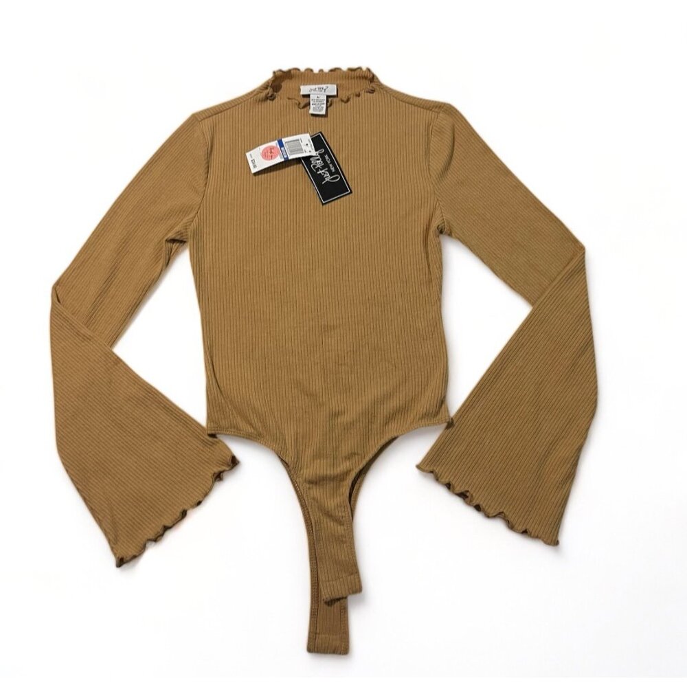 Just Polly Juniors' Long Bell-Sleeve Ribbed Bodysuit - Camel Tan, Size M, New - Picture 2 of 12